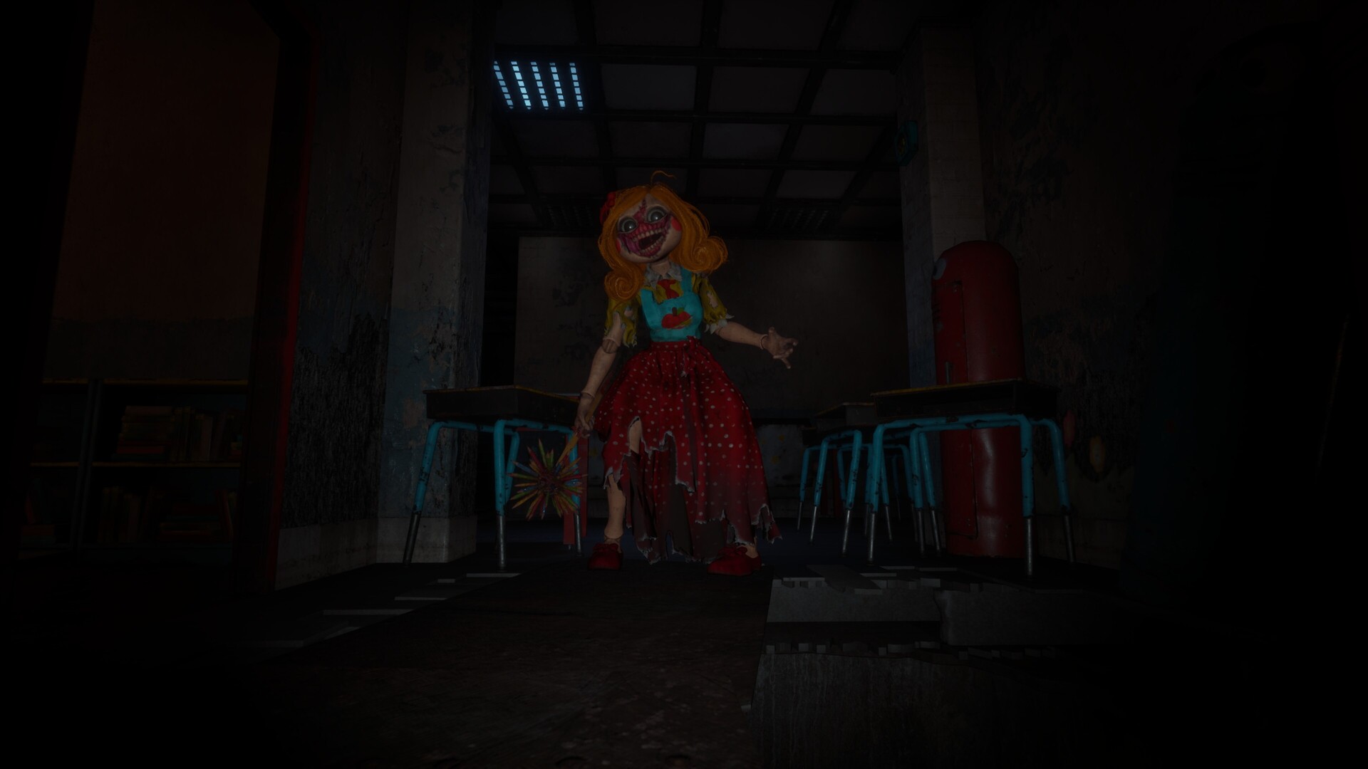 A sinister doll standing in an abandoned classroom